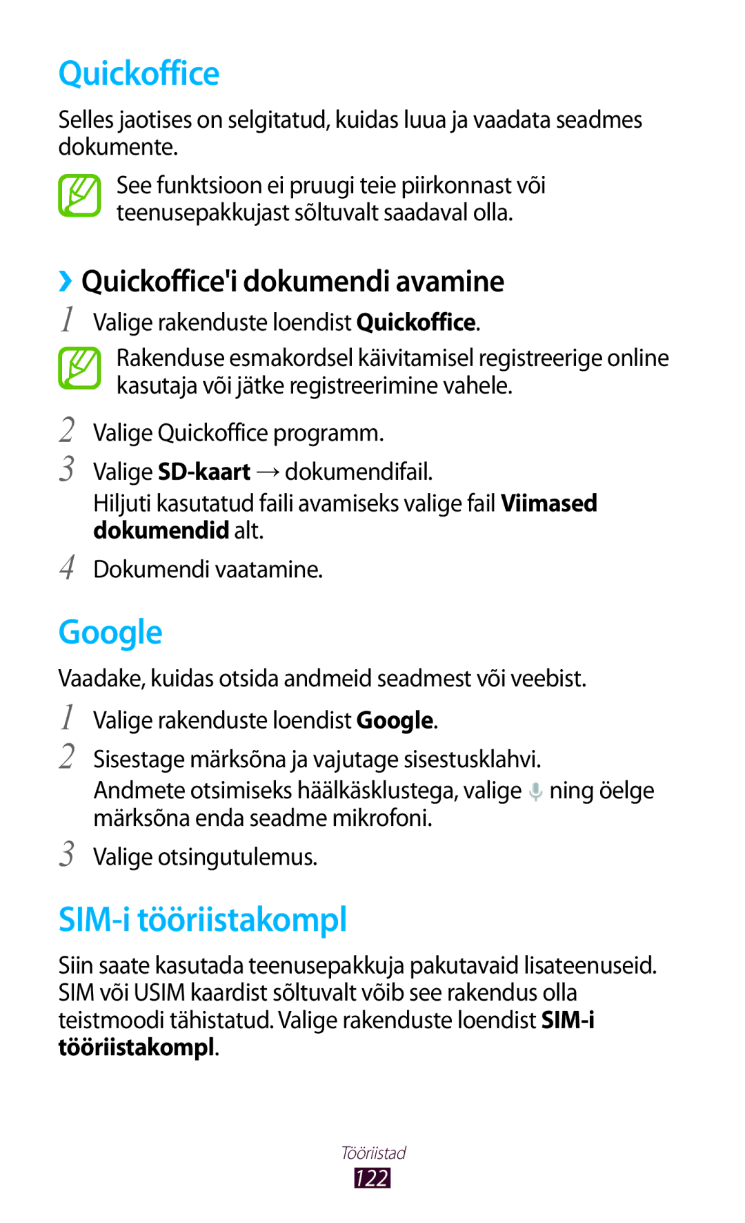 Samsung GT-B5330ZWASEB manual Google, SIM-i tööriistakompl, ››Quickofficei dokumendi avamine 