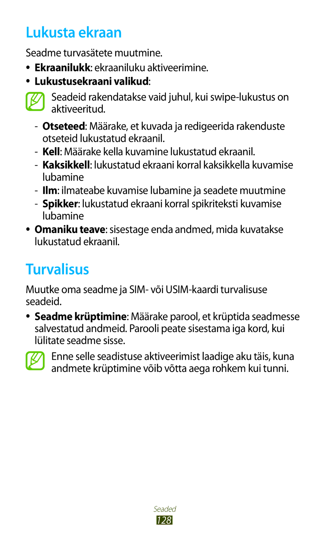 Samsung GT-B5330ZWASEB manual Lukusta ekraan, Turvalisus, Seadme turvasätete muutmine 