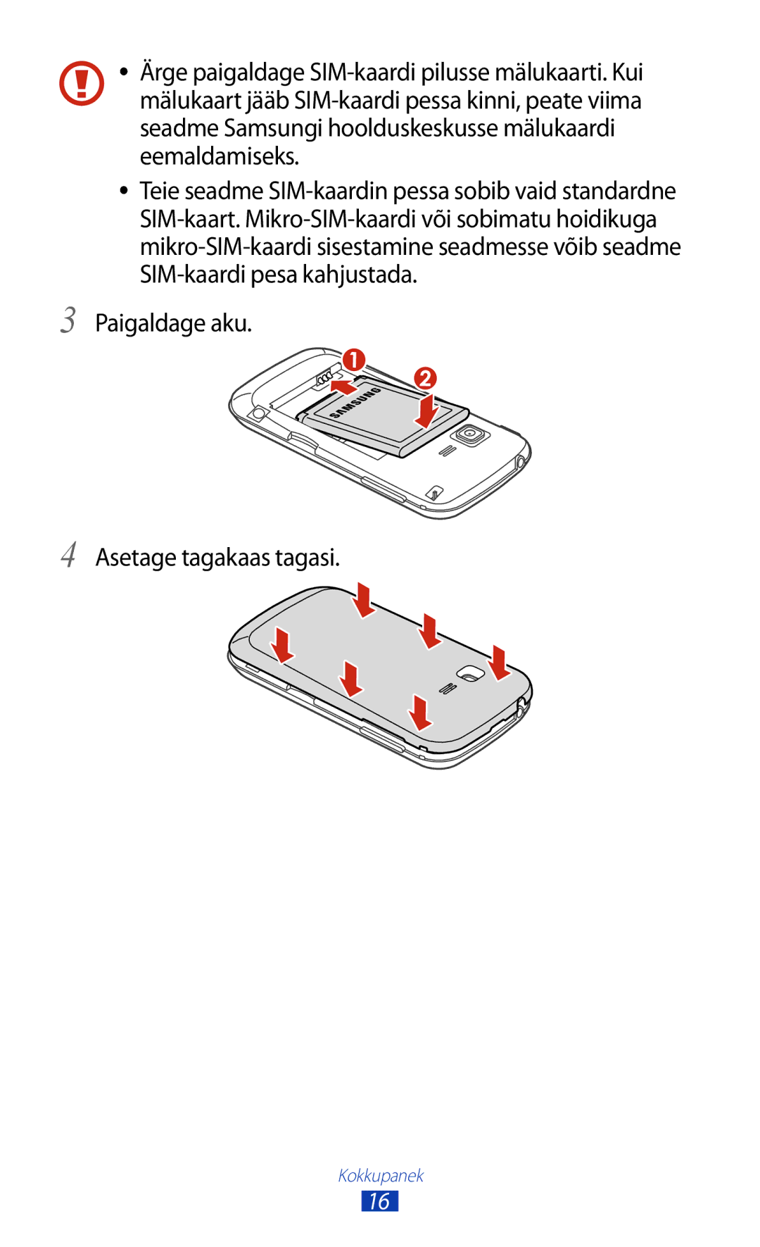 Samsung GT-B5330ZWASEB manual Paigaldage aku Asetage tagakaas tagasi 