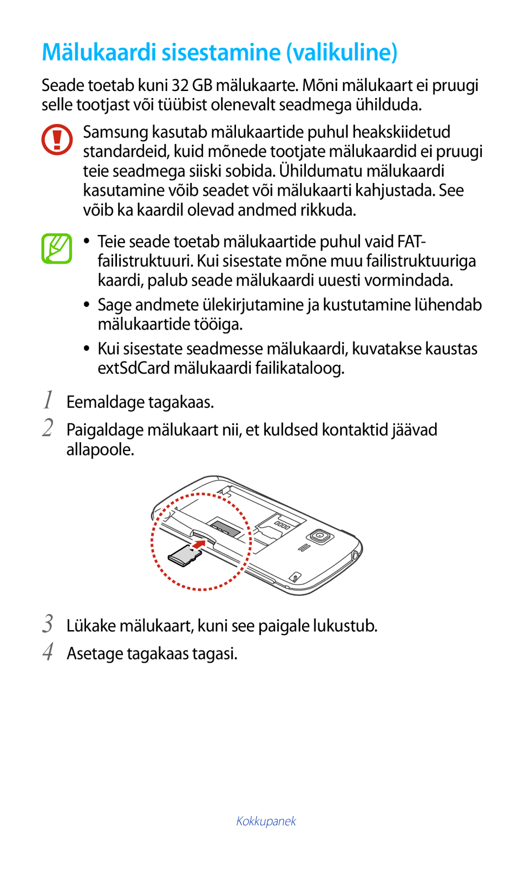 Samsung GT-B5330ZWASEB manual Mälukaardi sisestamine valikuline 