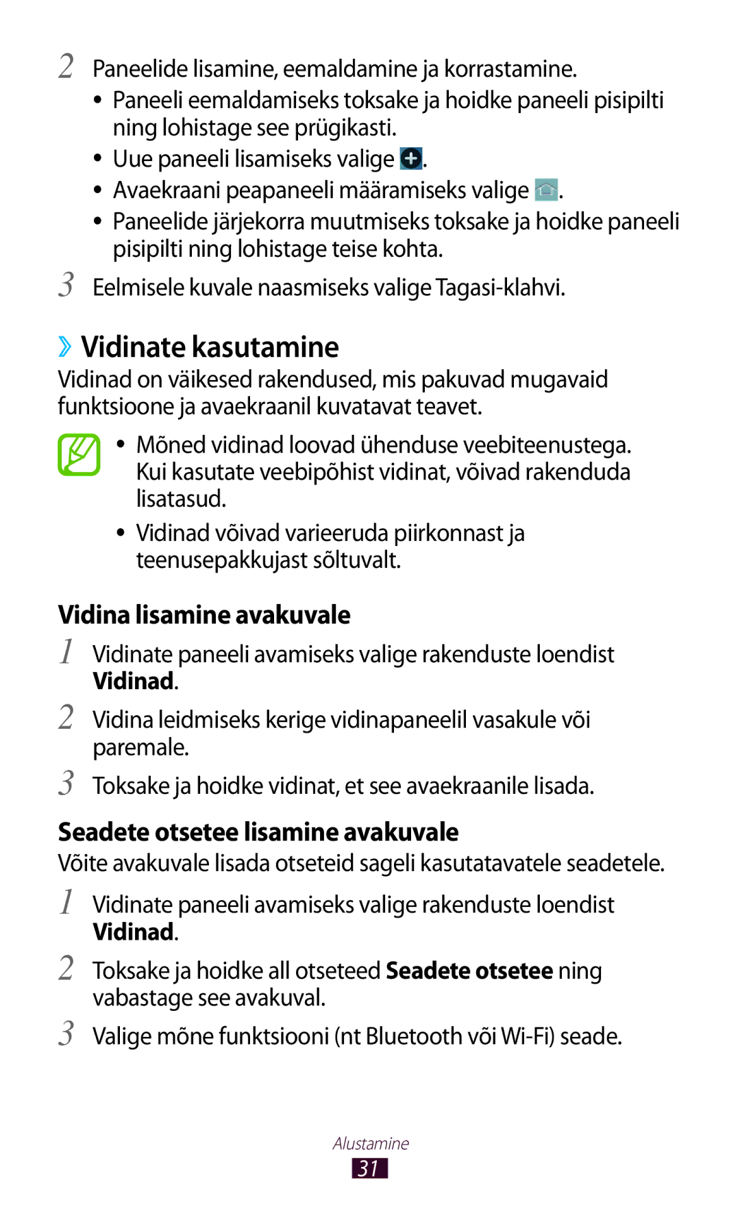 Samsung GT-B5330ZWASEB manual ››Vidinate kasutamine, Vidina lisamine avakuvale, Seadete otsetee lisamine avakuvale 