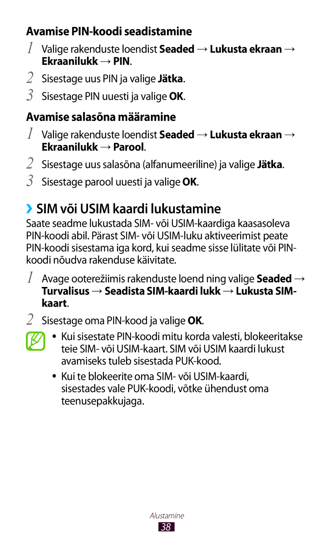 Samsung GT-B5330ZWASEB manual ››SIM või Usim kaardi lukustamine, Avamise PIN-koodi seadistamine, Avamise salasõna määramine 