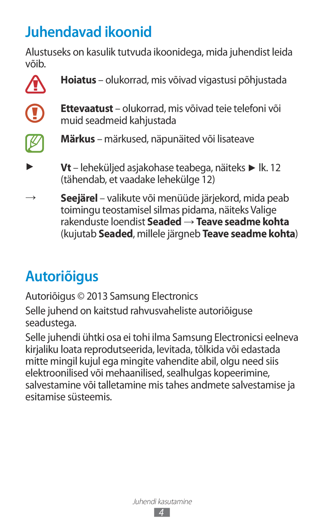 Samsung GT-B5330ZWASEB manual Juhendavad ikoonid, Autoriõigus 