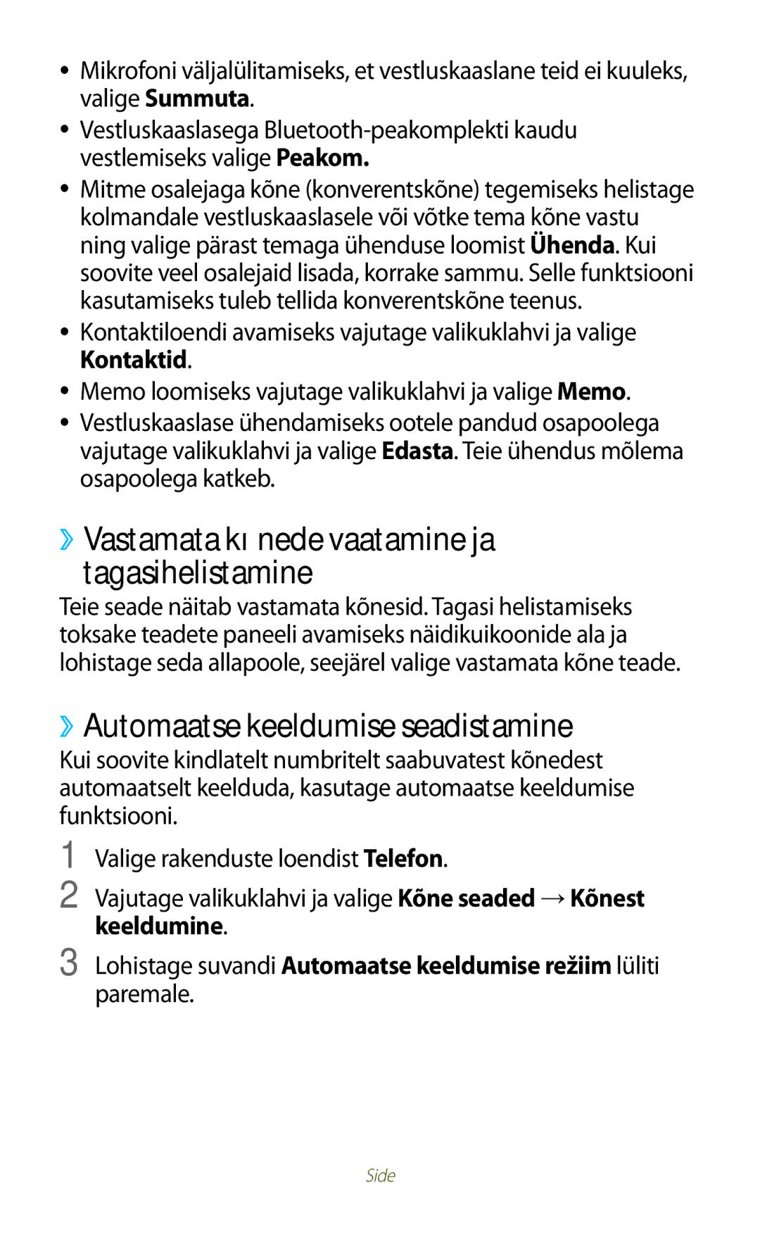 Samsung GT-B5330ZWASEB manual ››Automaatse keeldumise seadistamine, ››Vastamata kõnede vaatamine ja tagasihelistamine 