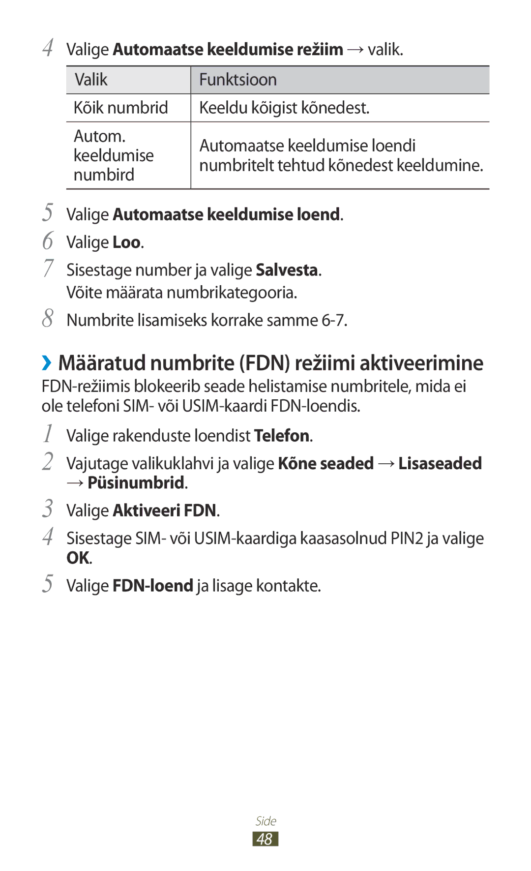 Samsung GT-B5330ZWASEB manual Valige Automaatse keeldumise režiim → valik, Valige Automaatse keeldumise loend 