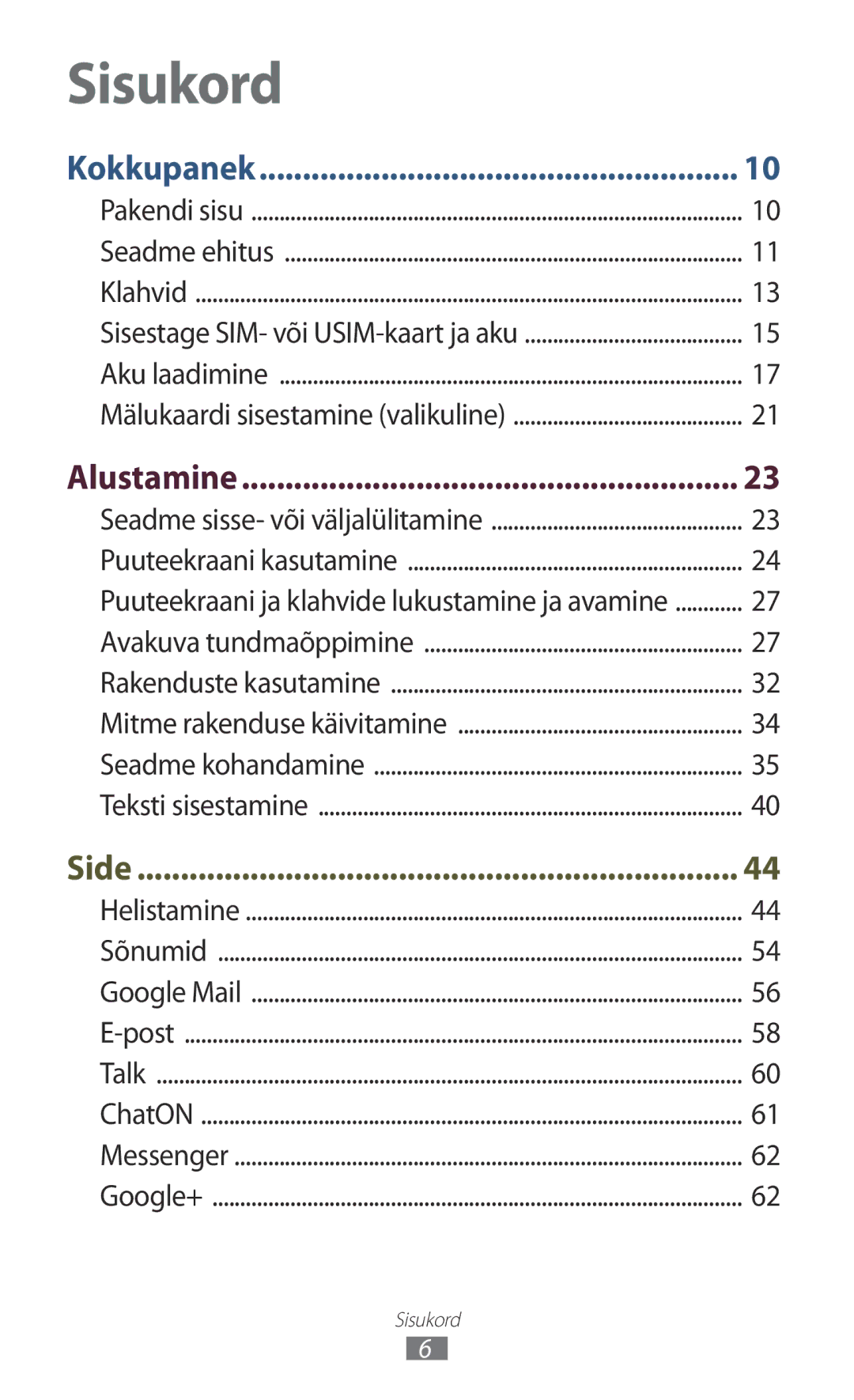 Samsung GT-B5330ZWASEB manual Sisukord, Alustamine 