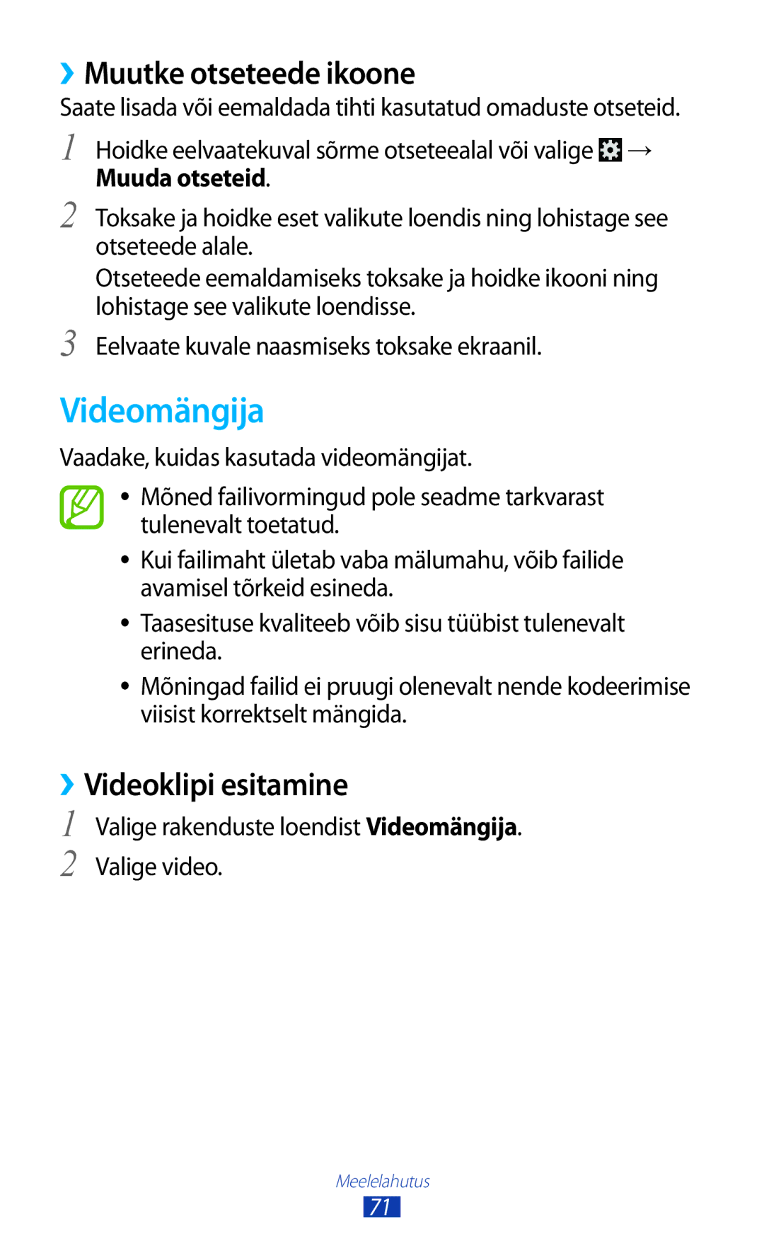 Samsung GT-B5330ZWASEB manual Videomängija, ››Muutke otseteede ikoone, ››Videoklipi esitamine 