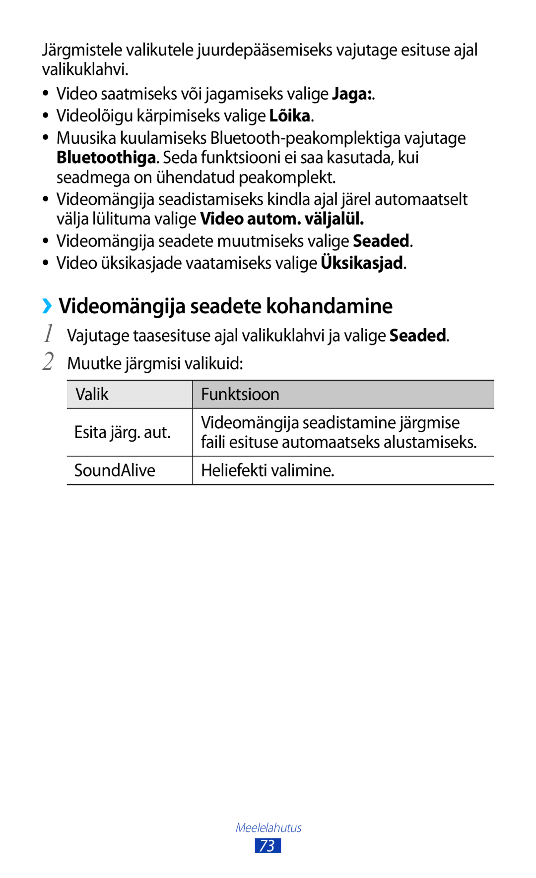 Samsung GT-B5330ZWASEB manual ››Videomängija seadete kohandamine, SoundAlive Heliefekti valimine 