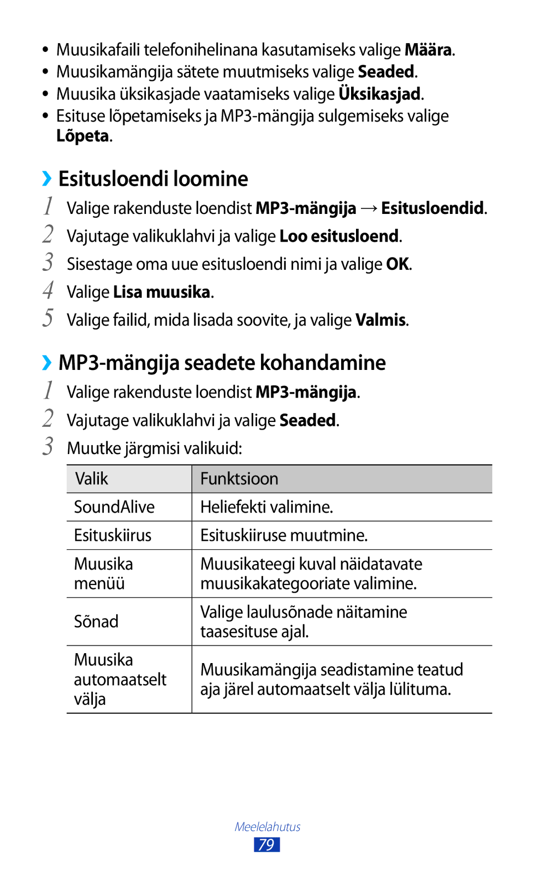 Samsung GT-B5330ZWASEB manual ››Esitusloendi loomine, ››MP3-mängija seadete kohandamine, Valige Lisa muusika 