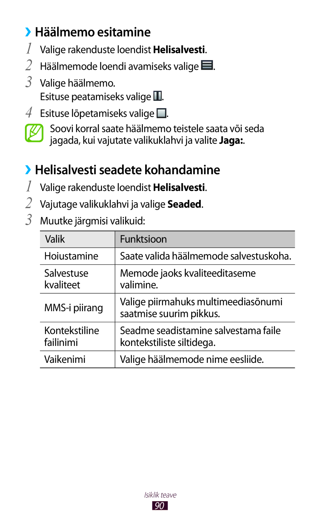 Samsung GT-B5330ZWASEB ››Häälmemo esitamine, ››Helisalvesti seadete kohandamine, Saatmise suurim pikkus, Kontekstiline 