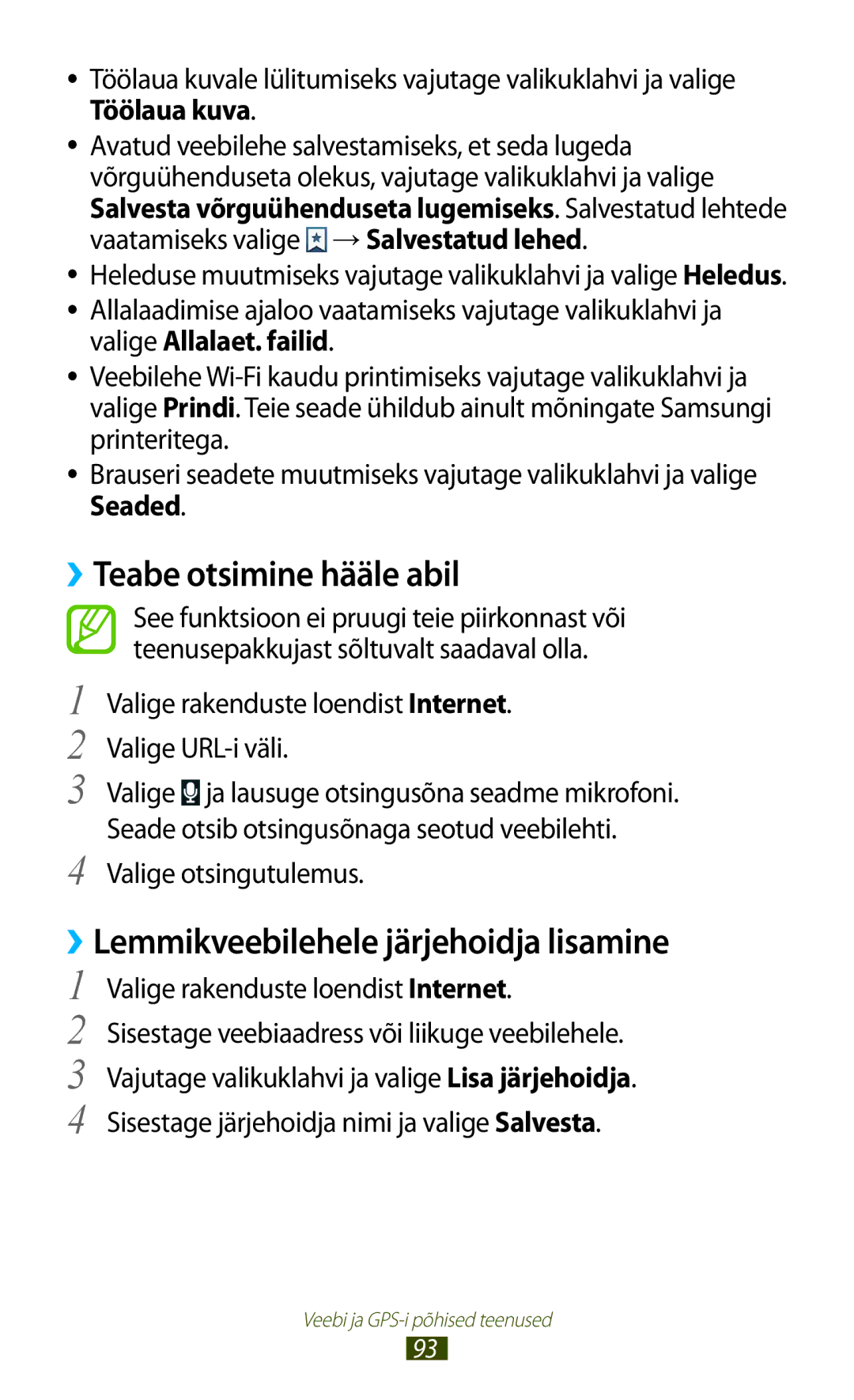 Samsung GT-B5330ZWASEB manual ››Teabe otsimine hääle abil, ››Lemmikveebilehele järjehoidja lisamine, Valige otsingutulemus 