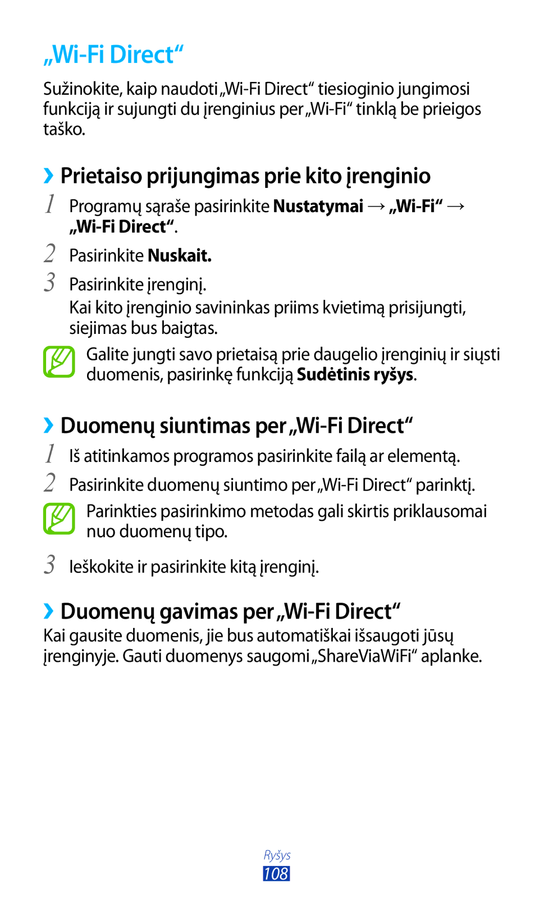 Samsung GT-B5330ZWASEB „Wi-Fi Direct, ››Prietaiso prijungimas prie kito įrenginio, ››Duomenų siuntimas per„Wi‑Fi Direct 