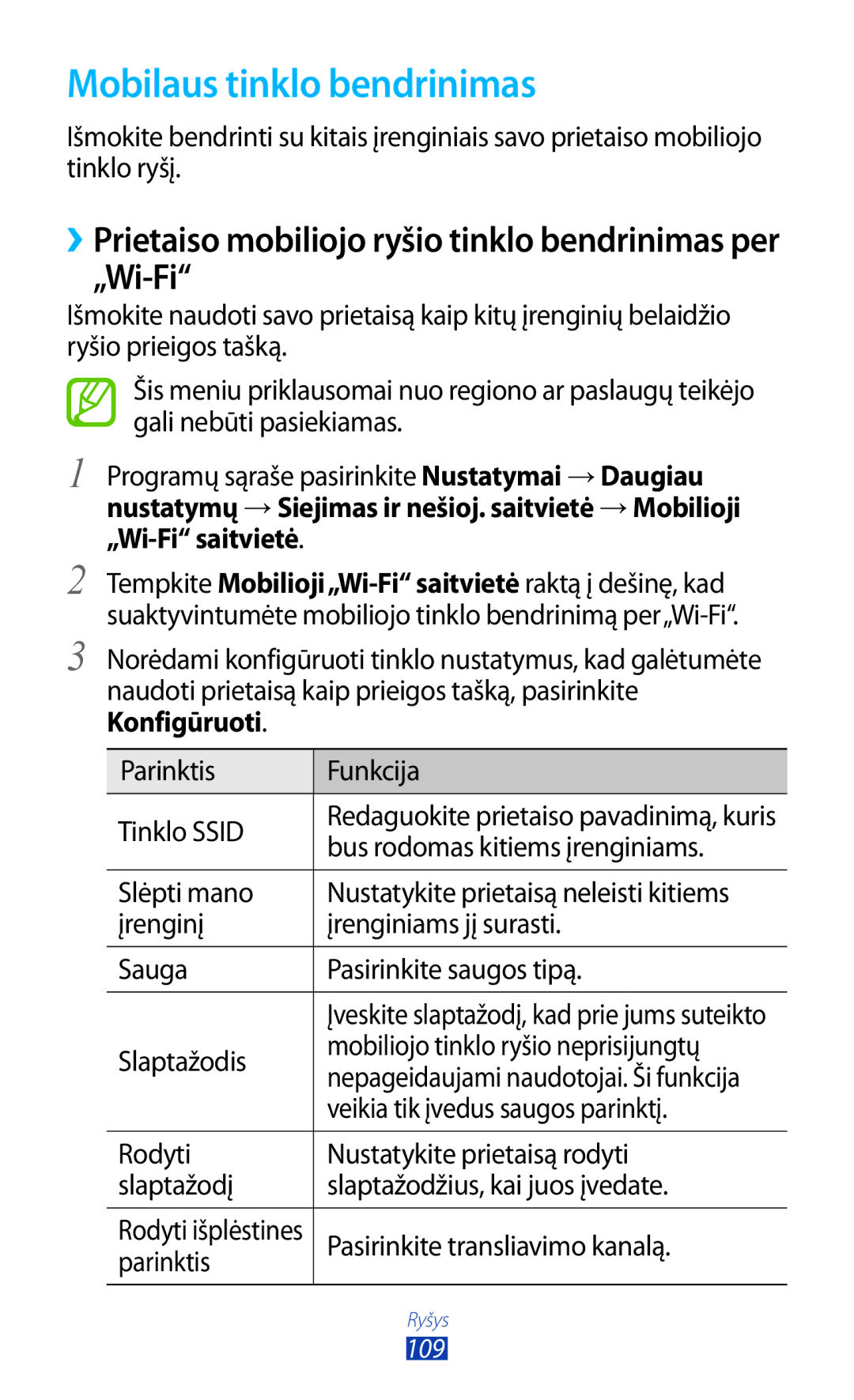 Samsung GT-B5330ZWASEB manual Mobilaus tinklo bendrinimas, ››Prietaiso mobiliojo ryšio tinklo bendrinimas per „Wi-Fi 