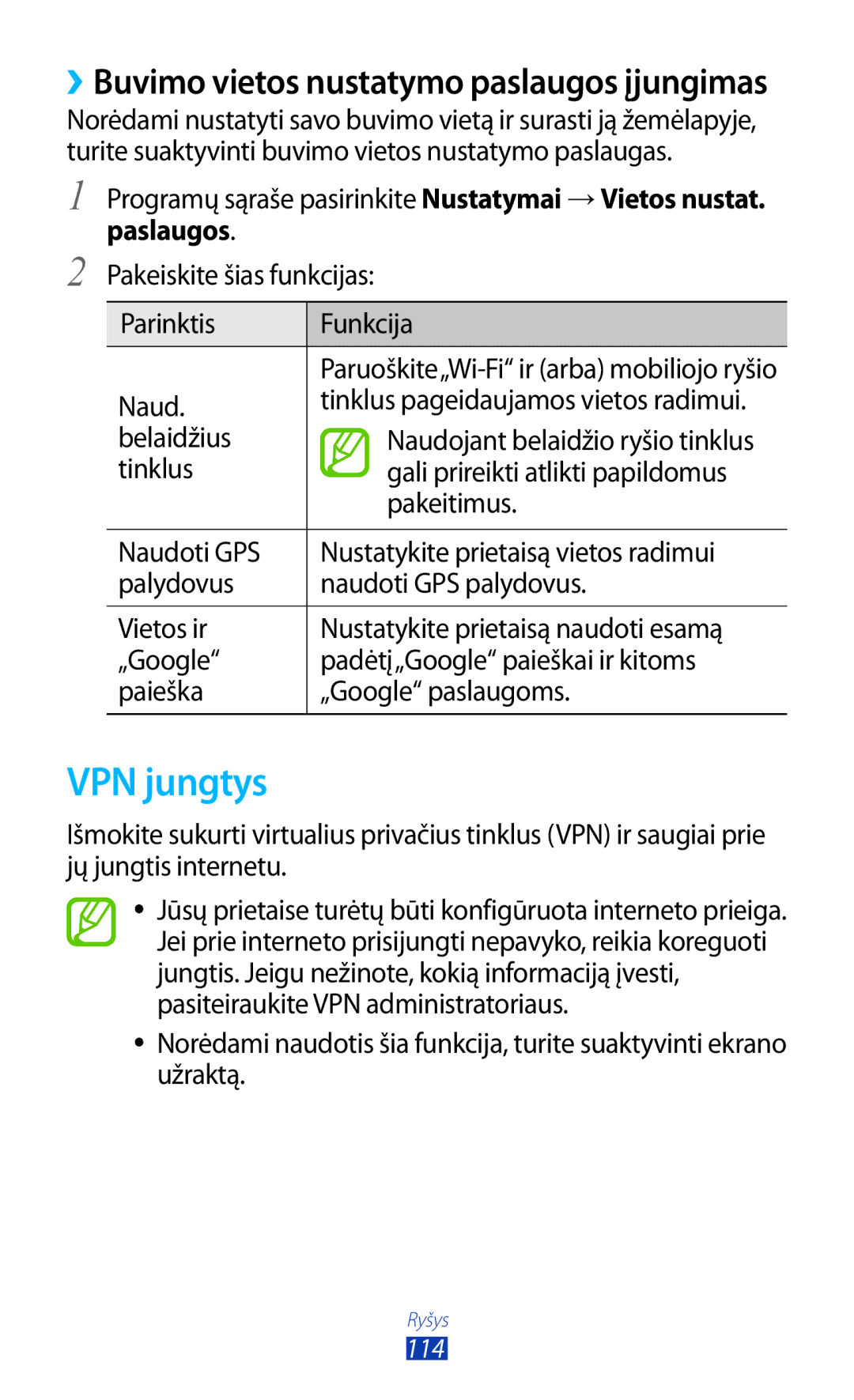 Samsung GT-B5330ZWASEB manual VPN jungtys, Naud, Belaidžius 