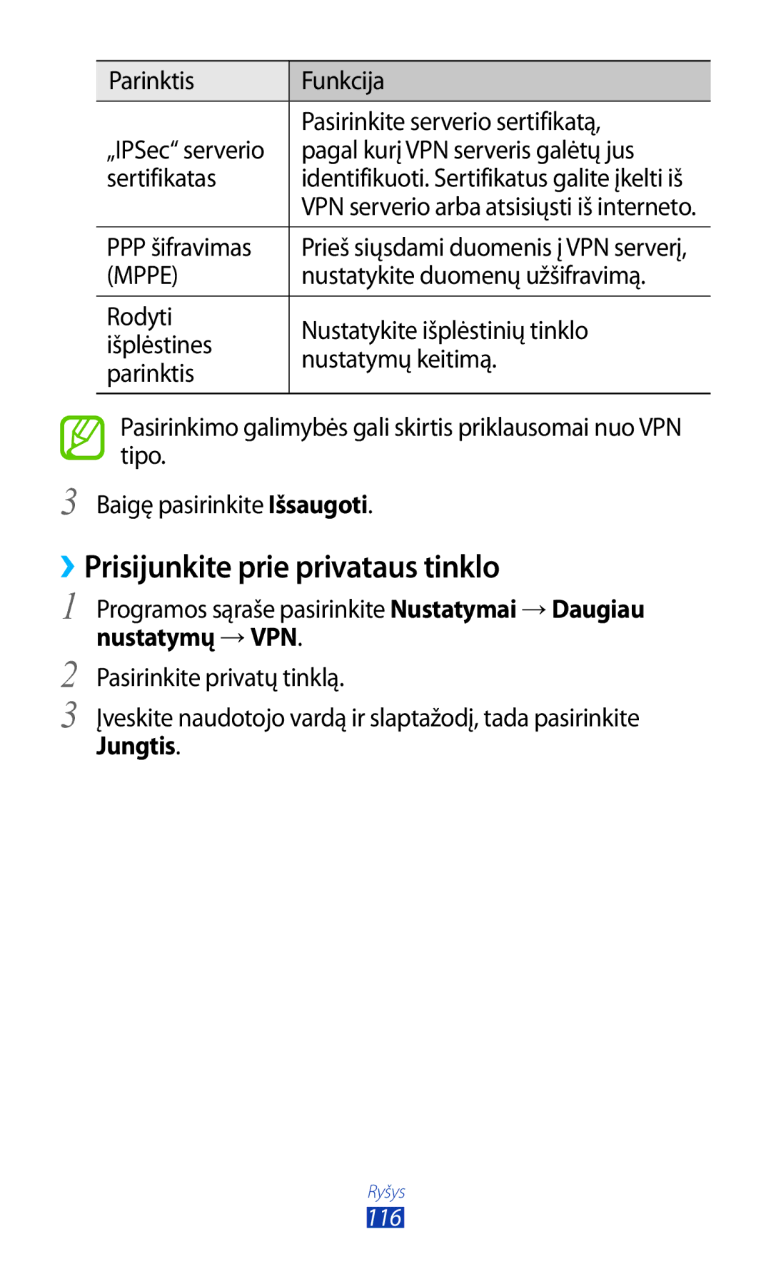 Samsung GT-B5330ZWASEB manual ››Prisijunkite prie privataus tinklo, Nustatymų → VPN, Jungtis 