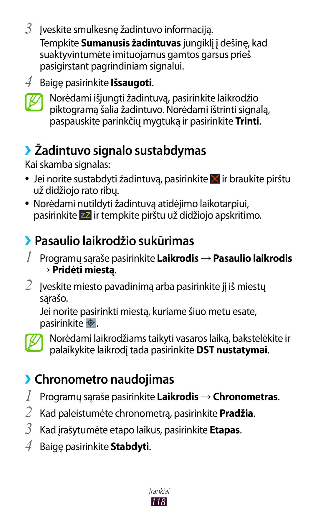 Samsung GT-B5330ZWASEB manual ››Žadintuvo signalo sustabdymas, ››Pasaulio laikrodžio sukūrimas, ››Chronometro naudojimas 