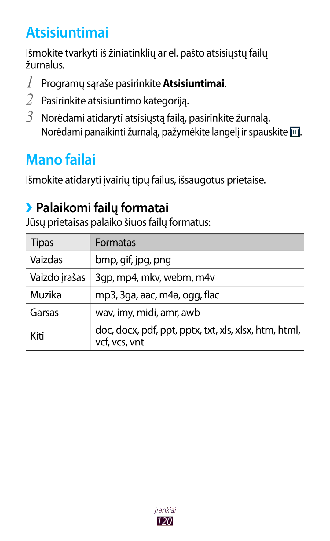 Samsung GT-B5330ZWASEB manual Atsisiuntimai, Mano failai, ››Palaikomi failų formatai, 3gp, mp4, mkv, webm, m4v 