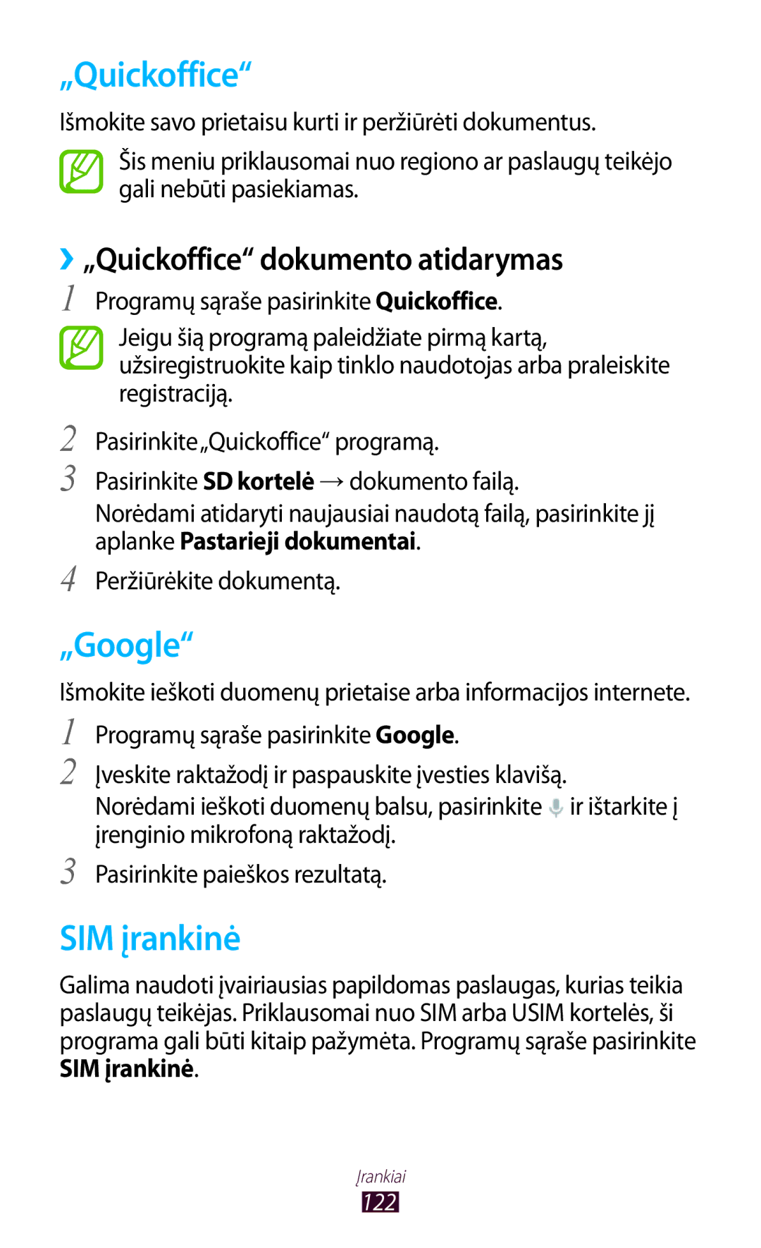 Samsung GT-B5330ZWASEB manual „Google, SIM įrankinė, ››„Quickoffice dokumento atidarymas 