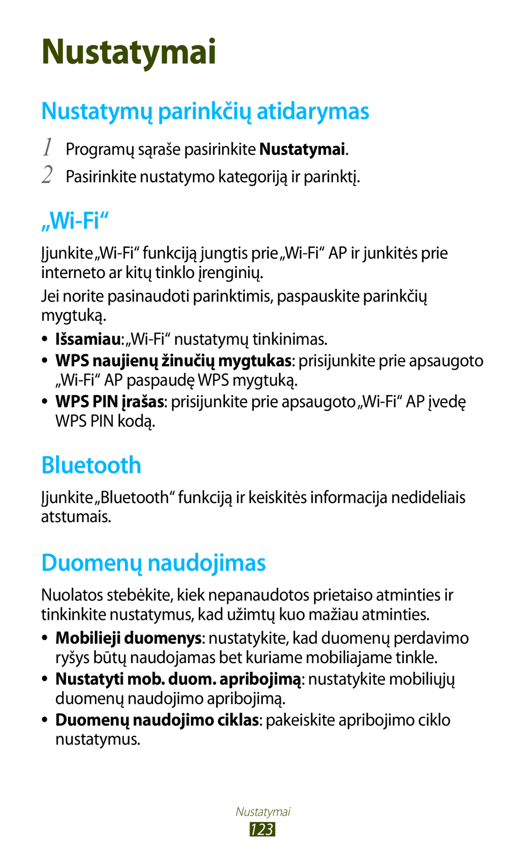 Samsung GT-B5330ZWASEB manual Nustatymų parinkčių atidarymas, „Wi-Fi, Duomenų naudojimas 