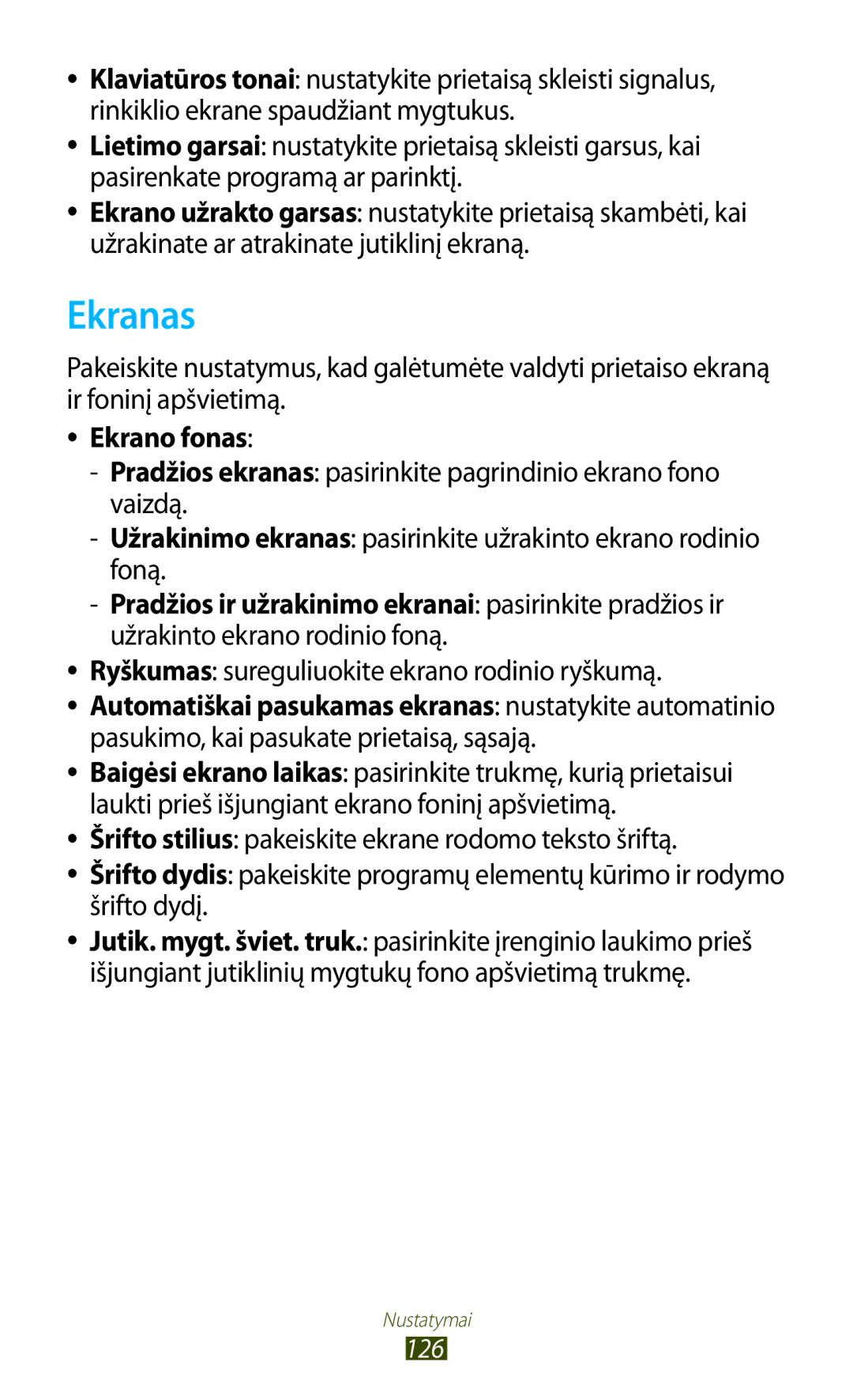 Samsung GT-B5330ZWASEB manual Ekranas, Ekrano fonas, Ryškumas sureguliuokite ekrano rodinio ryškumą 