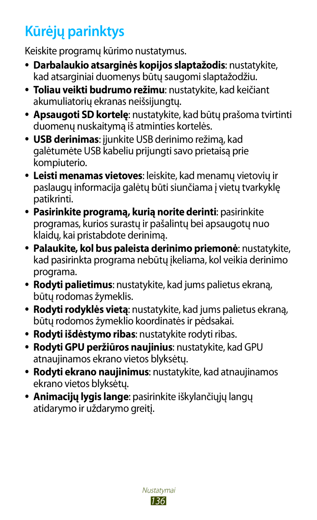 Samsung GT-B5330ZWASEB manual Kūrėjų parinktys, Keiskite programų kūrimo nustatymus 