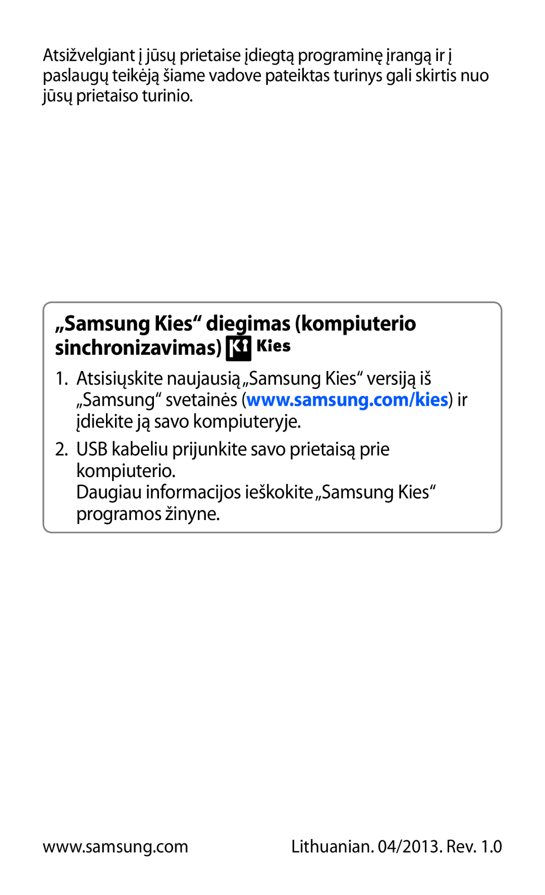 Samsung GT-B5330ZWASEB manual „Samsung Kies diegimas kompiuterio sinchronizavimas 