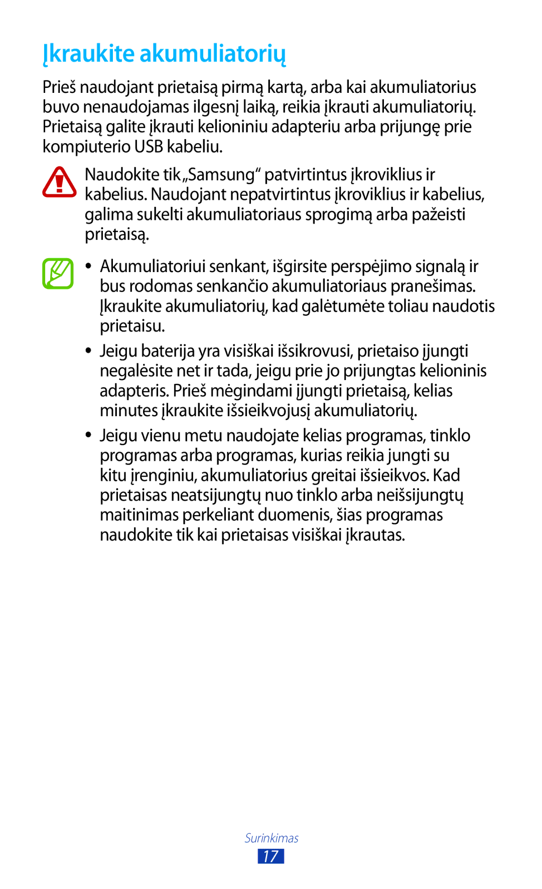 Samsung GT-B5330ZWASEB manual Įkraukite akumuliatorių 