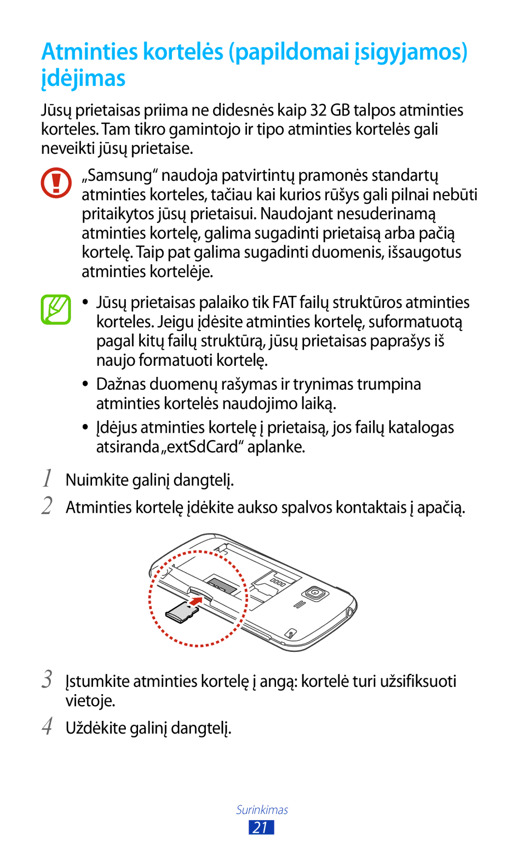 Samsung GT-B5330ZWASEB manual Atminties kortelės papildomai įsigyjamos įdėjimas 