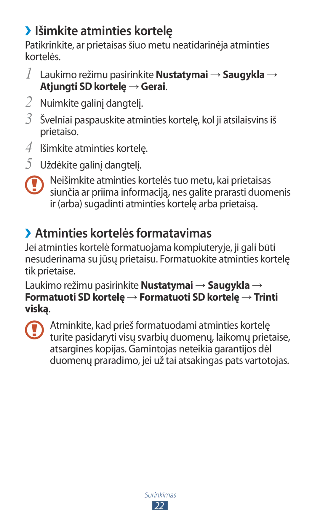 Samsung GT-B5330ZWASEB manual ››Išimkite atminties kortelę, ››Atminties kortelės formatavimas 