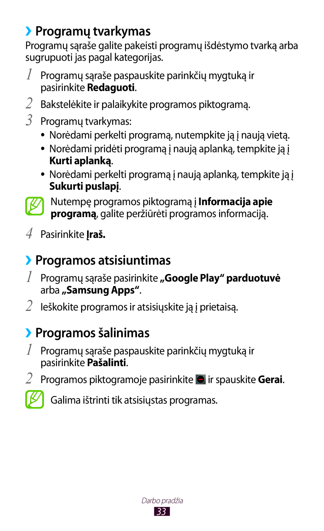 Samsung GT-B5330ZWASEB manual ››Programų tvarkymas, ››Programos atsisiuntimas, ››Programos šalinimas, Arba „Samsung Apps 