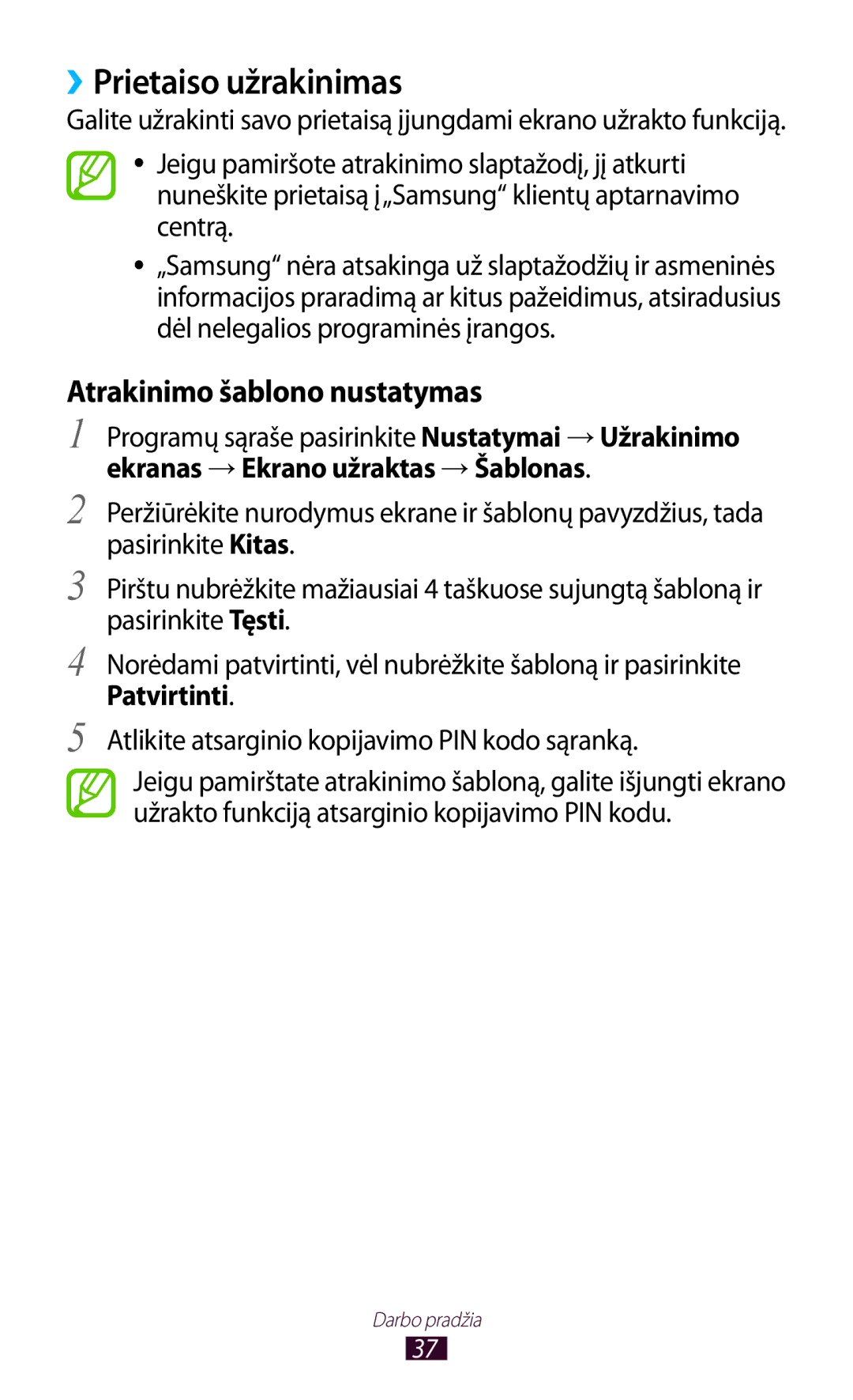 Samsung GT-B5330ZWASEB manual ››Prietaiso užrakinimas, Programų sąraše pasirinkite Nustatymai → Užrakinimo 