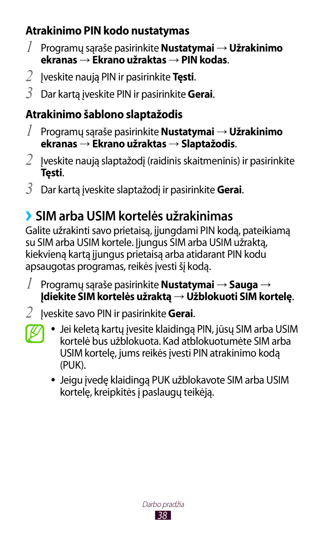 Samsung GT-B5330ZWASEB manual ››SIM arba Usim kortelės užrakinimas, Ekranas → Ekrano užraktas → PIN kodas 