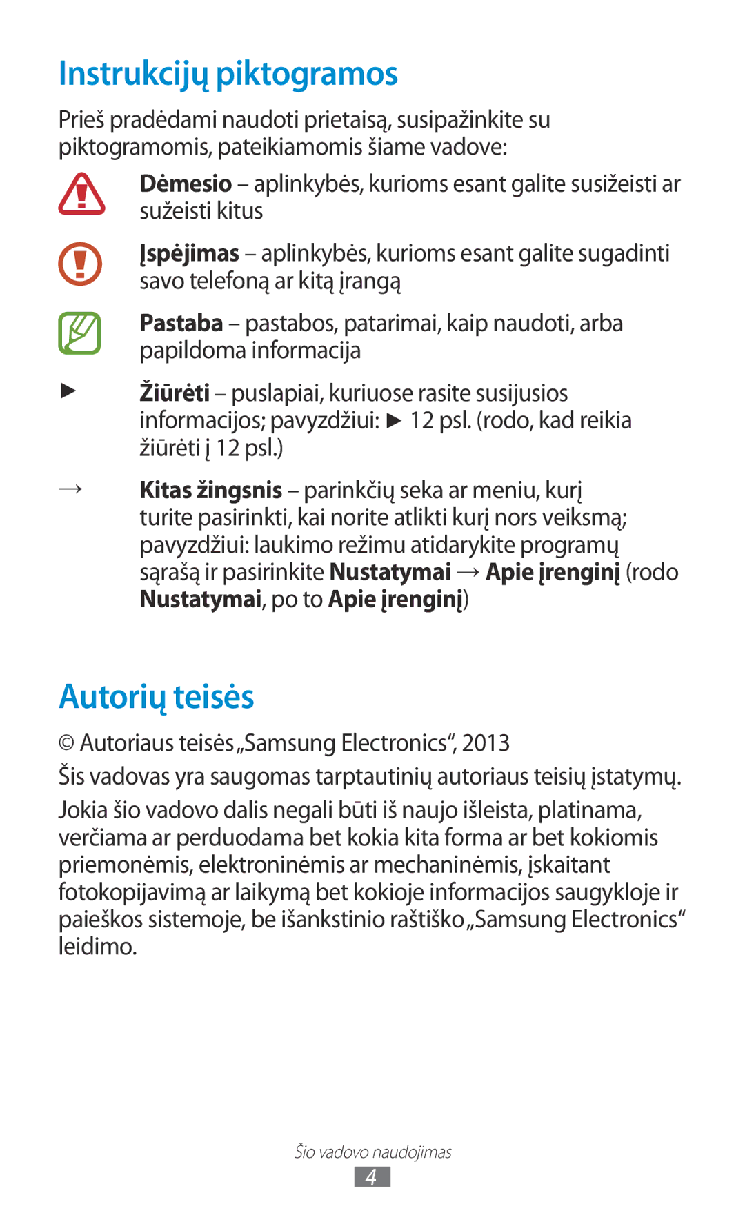 Samsung GT-B5330ZWASEB manual Instrukcijų piktogramos, Autorių teisės, Nustatymai, po to Apie įrenginį 