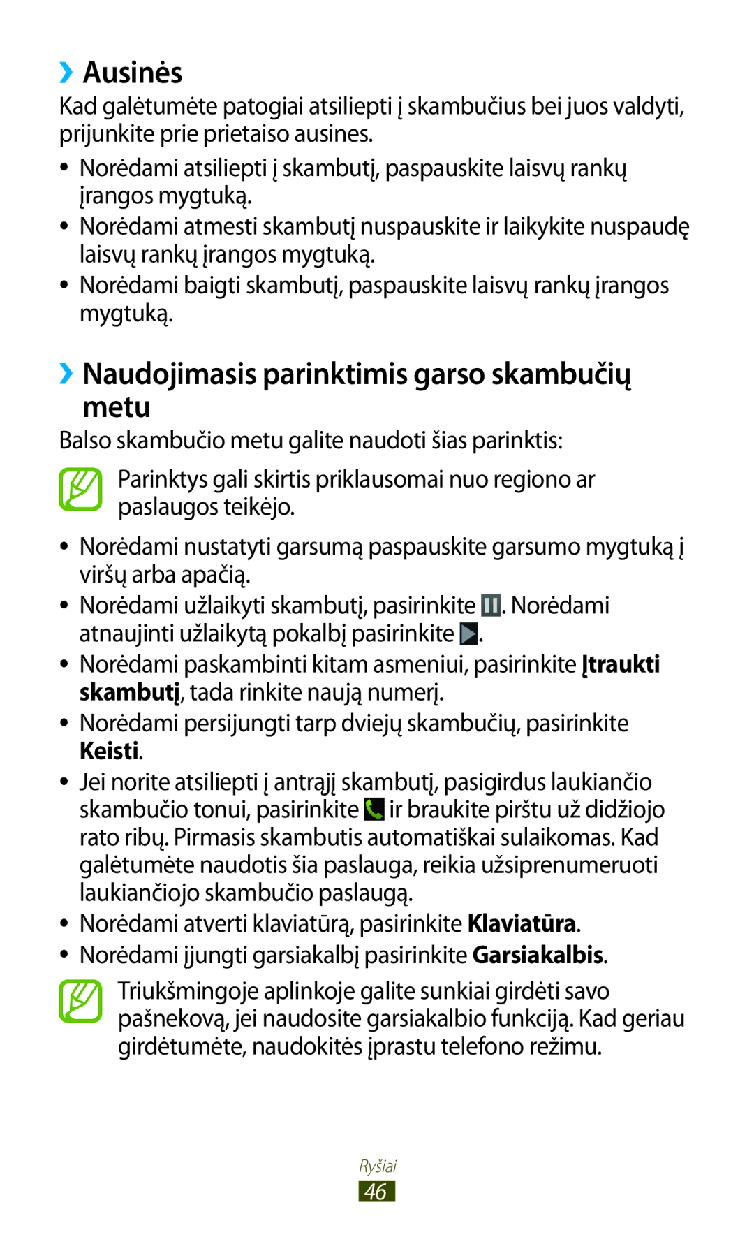 Samsung GT-B5330ZWASEB manual ››Ausinės, ››Naudojimasis parinktimis garso skambučių metu 