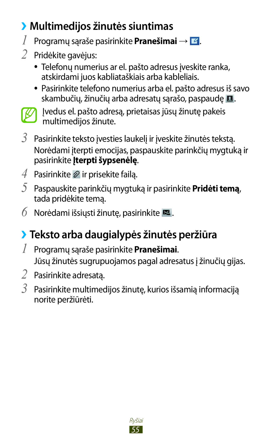 Samsung GT-B5330ZWASEB manual ››Multimedijos žinutės siuntimas, ››Teksto arba daugialypės žinutės peržiūra 