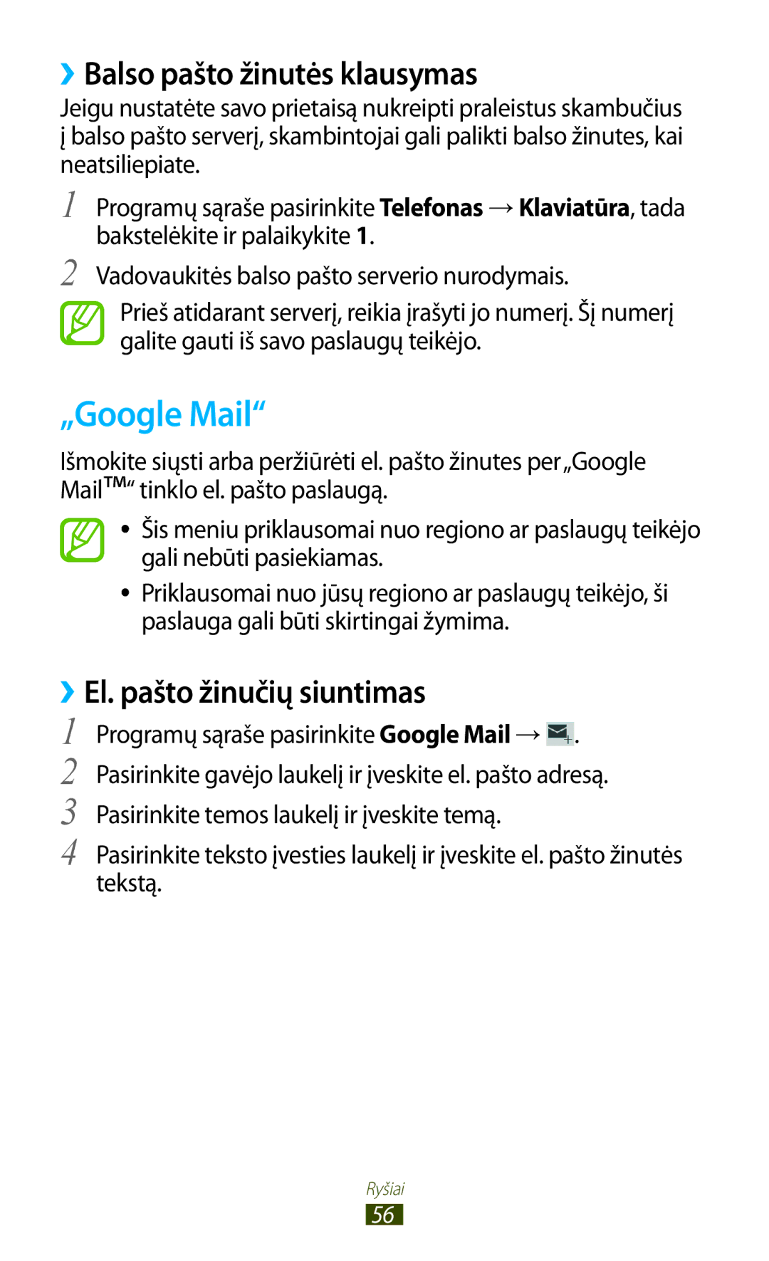 Samsung GT-B5330ZWASEB manual „Google Mail, ››Balso pašto žinutės klausymas, ››El. pašto žinučių siuntimas 