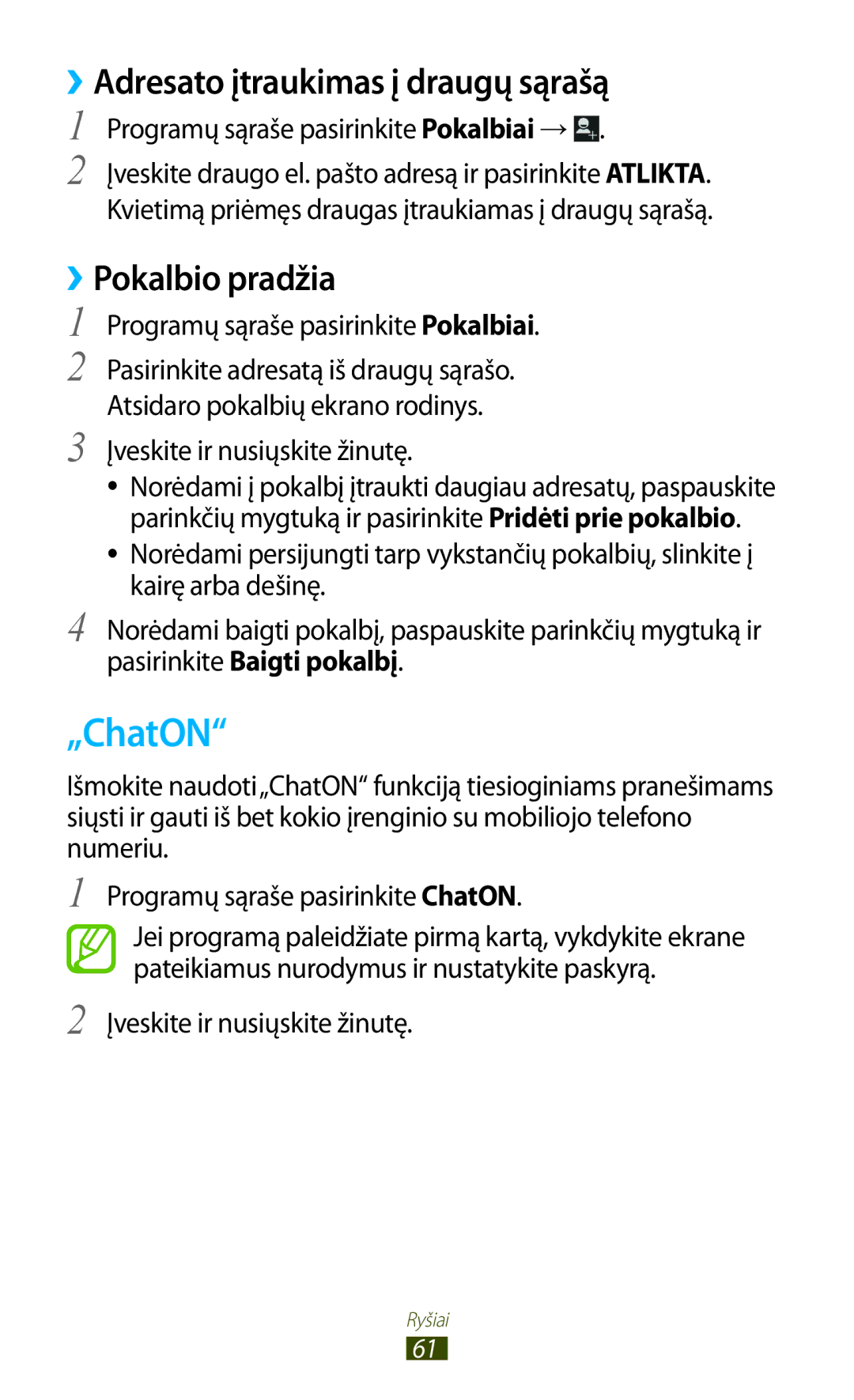 Samsung GT-B5330ZWASEB manual „ChatON, ››Adresato įtraukimas į draugų sąrašą, ››Pokalbio pradžia 