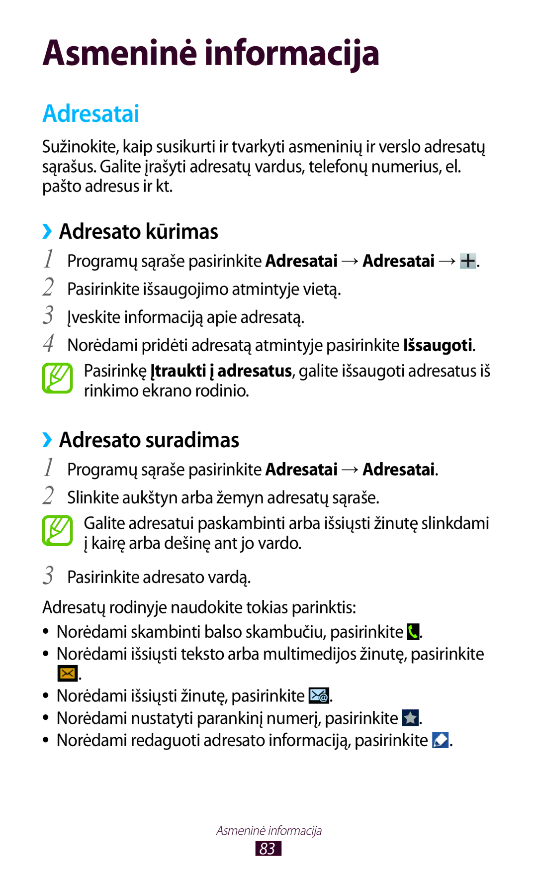 Samsung GT-B5330ZWASEB manual Adresatai, ››Adresato kūrimas, ››Adresato suradimas 