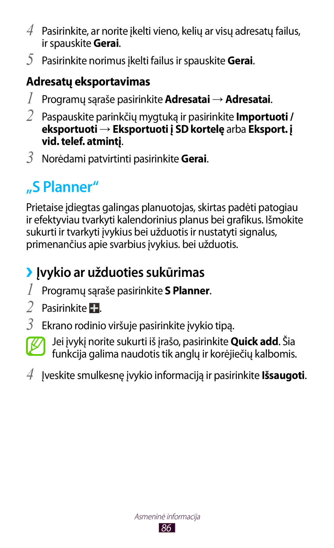 Samsung GT-B5330ZWASEB manual „S Planner, ››Įvykio ar užduoties sukūrimas 