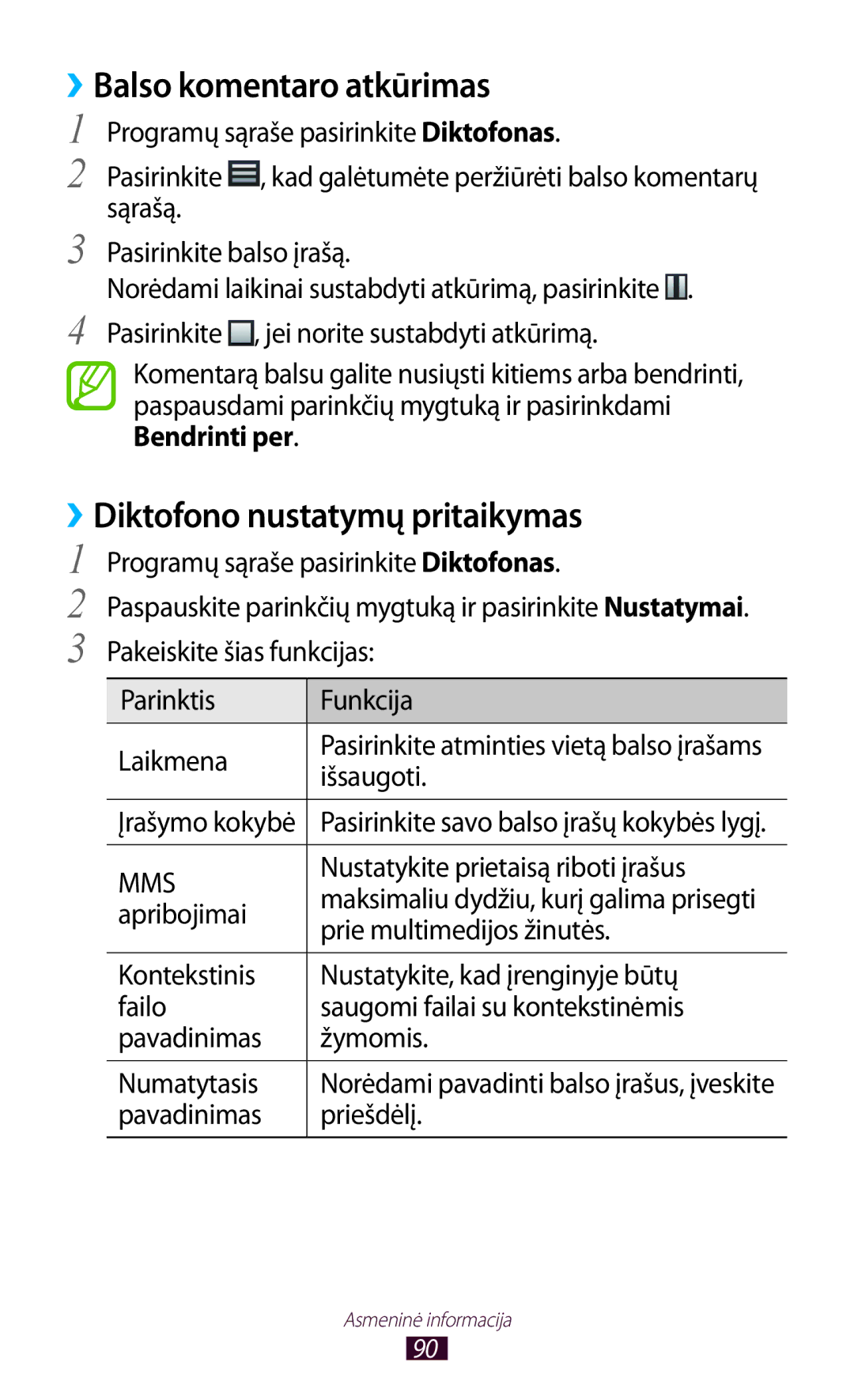 Samsung GT-B5330ZWASEB manual ››Balso komentaro atkūrimas, ››Diktofono nustatymų pritaikymas 