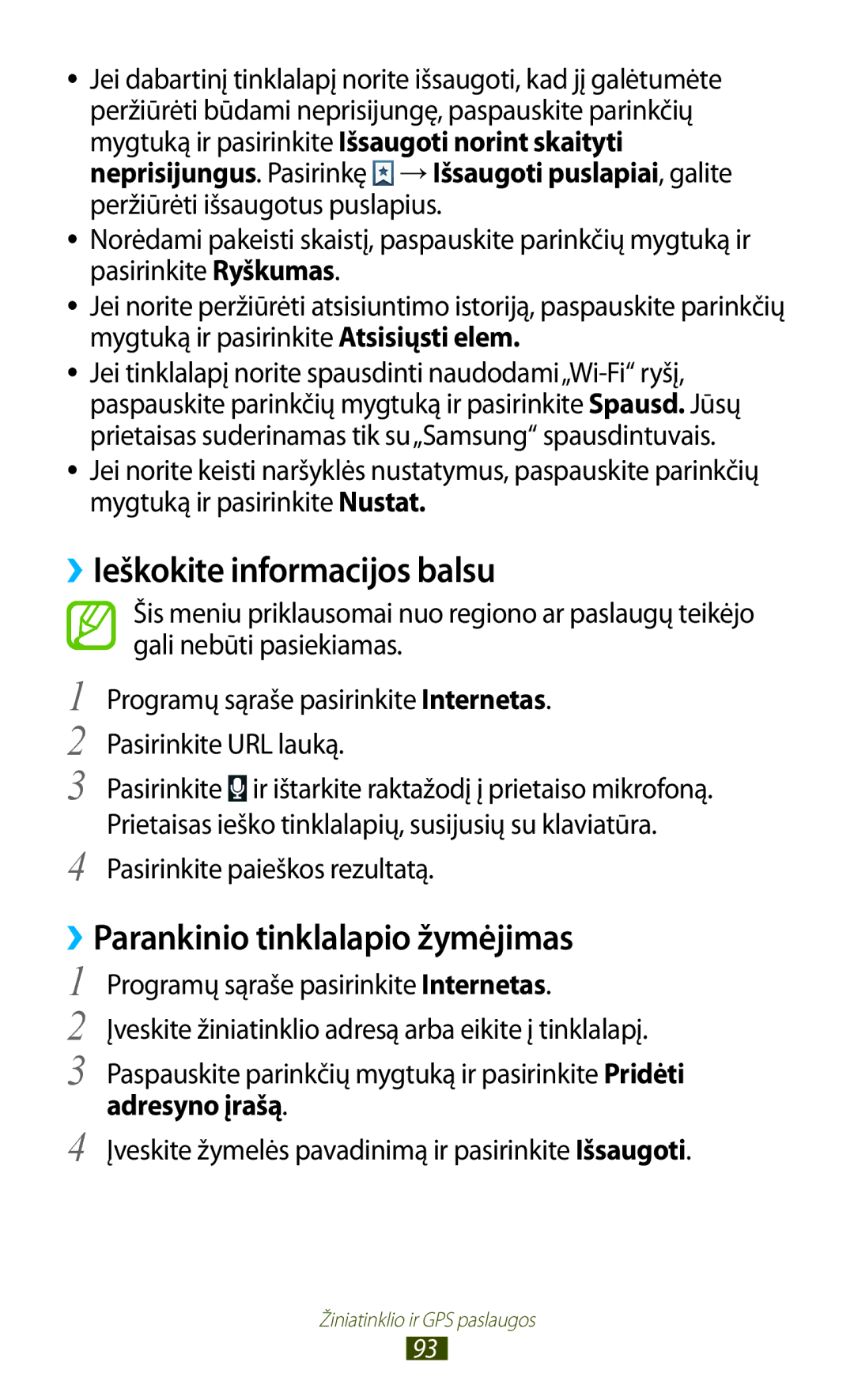 Samsung GT-B5330ZWASEB ››Ieškokite informacijos balsu, ››Parankinio tinklalapio žymėjimas, Pasirinkite paieškos rezultatą 