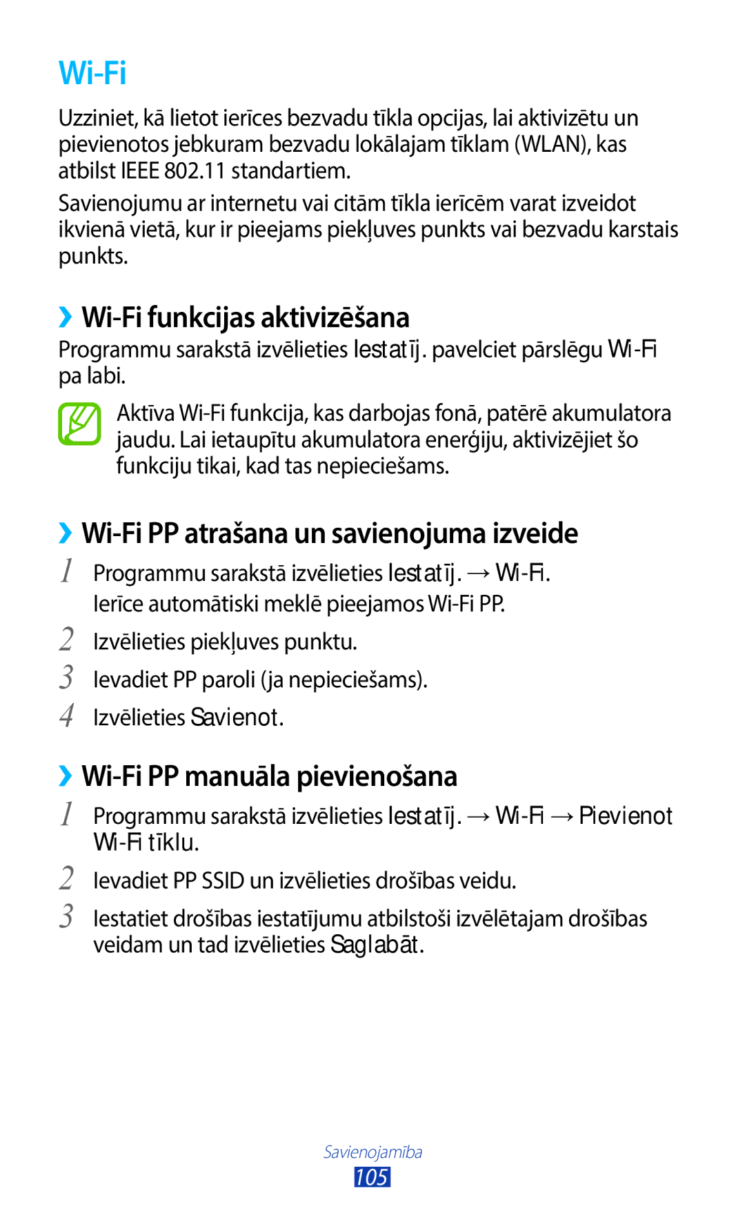 Samsung GT-B5330ZWASEB manual ››Wi-Fi funkcijas aktivizēšana, ››Wi-Fi PP atrašana un savienojuma izveide, Wi-Fi tīklu 