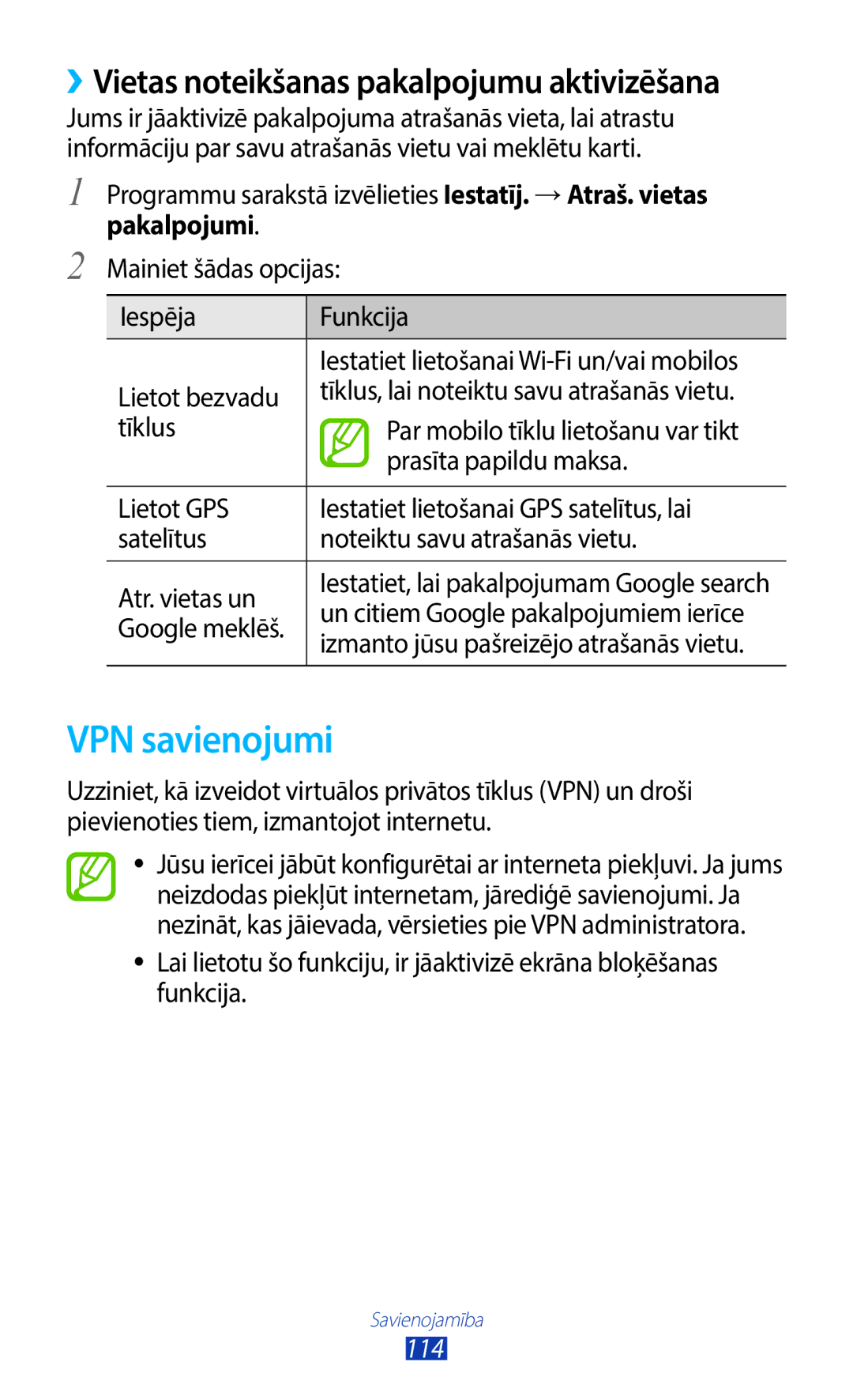 Samsung GT-B5330ZWASEB manual VPN savienojumi, Programmu sarakstā izvēlieties Iestatīj. →Atraš. vietas, Pakalpojumi 