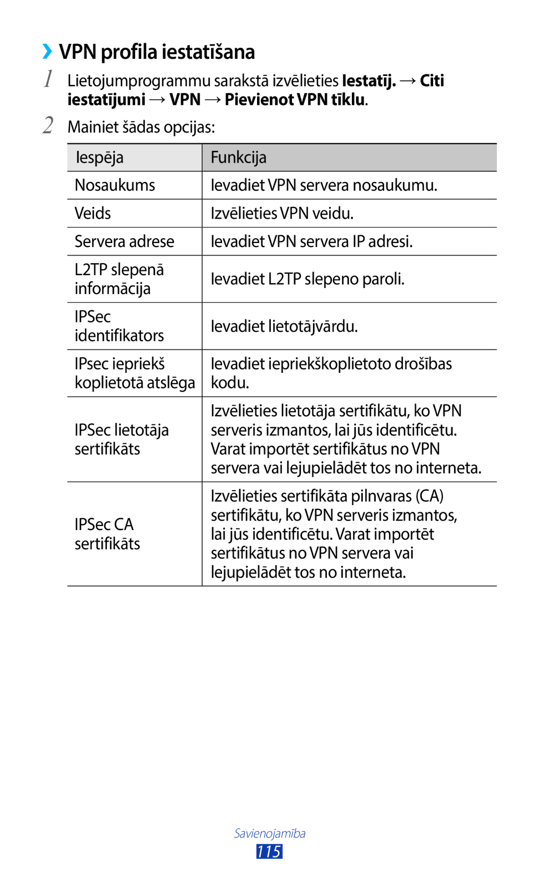 Samsung GT-B5330ZWASEB manual ››VPN profila iestatīšana, Iestatījumi →VPN →Pievienot VPN tīklu 