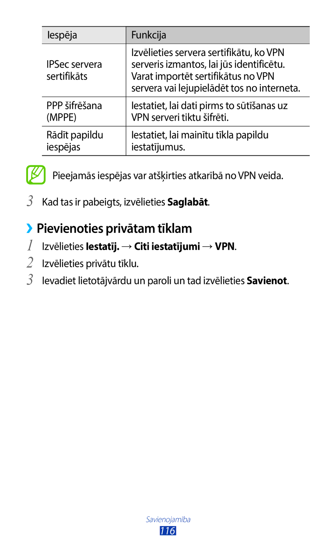 Samsung GT-B5330ZWASEB manual ››Pievienoties privātam tīklam, PPP šifrēšana Iestatiet, lai dati pirms to sūtīšanas uz 