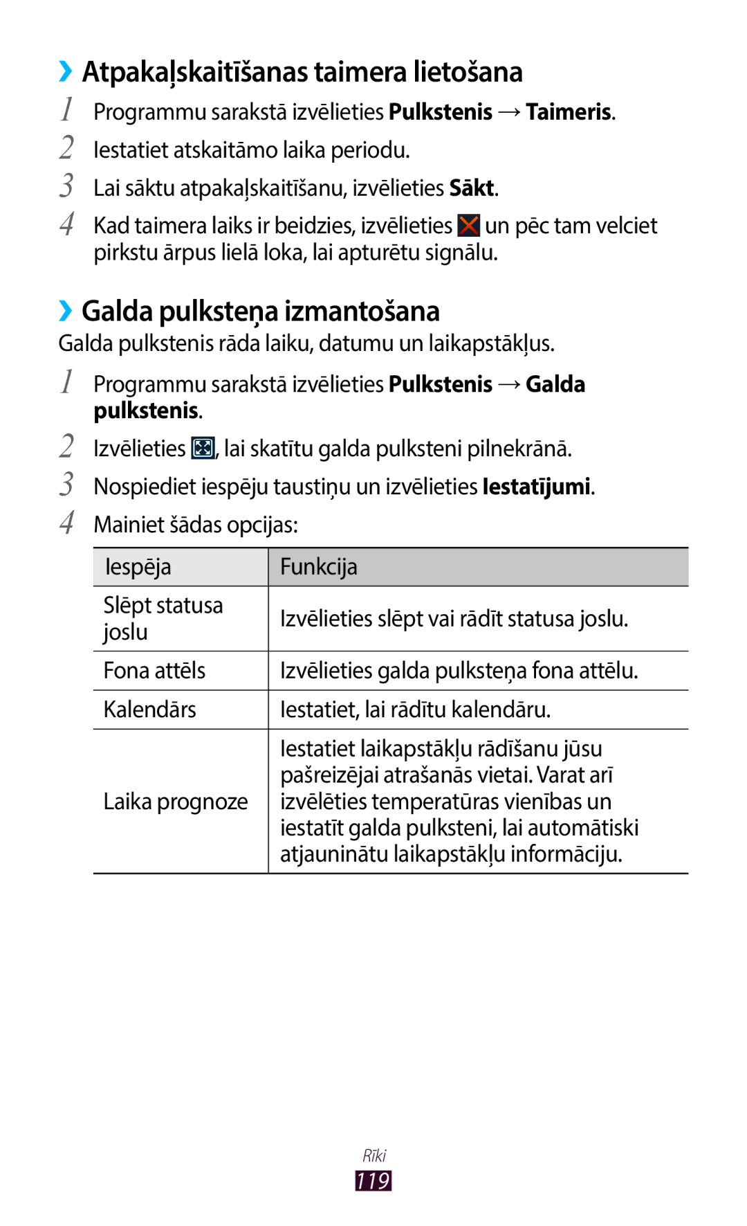 Samsung GT-B5330ZWASEB manual ››Atpakaļskaitīšanas taimera lietošana, ››Galda pulksteņa izmantošana, Pulkstenis 