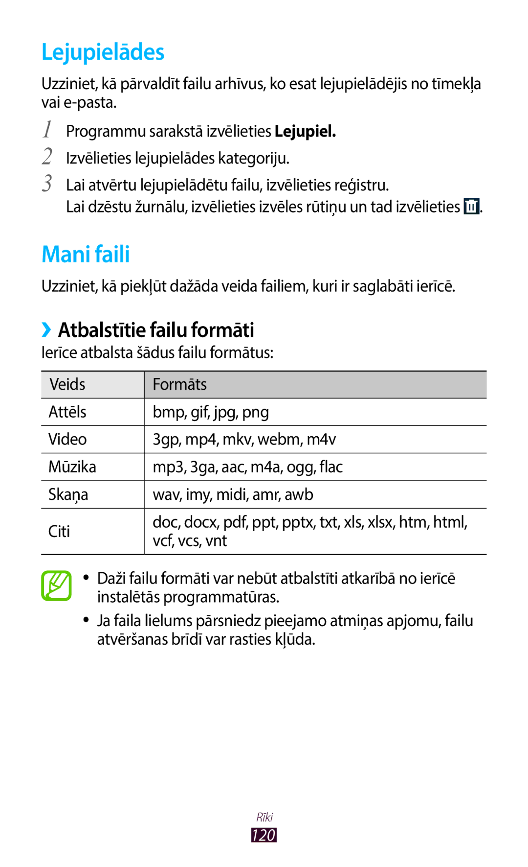 Samsung GT-B5330ZWASEB manual Lejupielādes, Mani faili, ››Atbalstītie failu formāti 