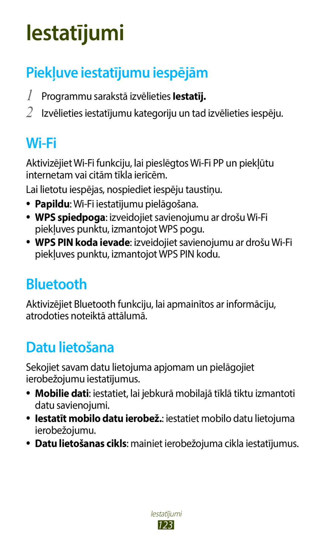 Samsung GT-B5330ZWASEB manual Piekļuve iestatījumu iespējām, Datu lietošana 