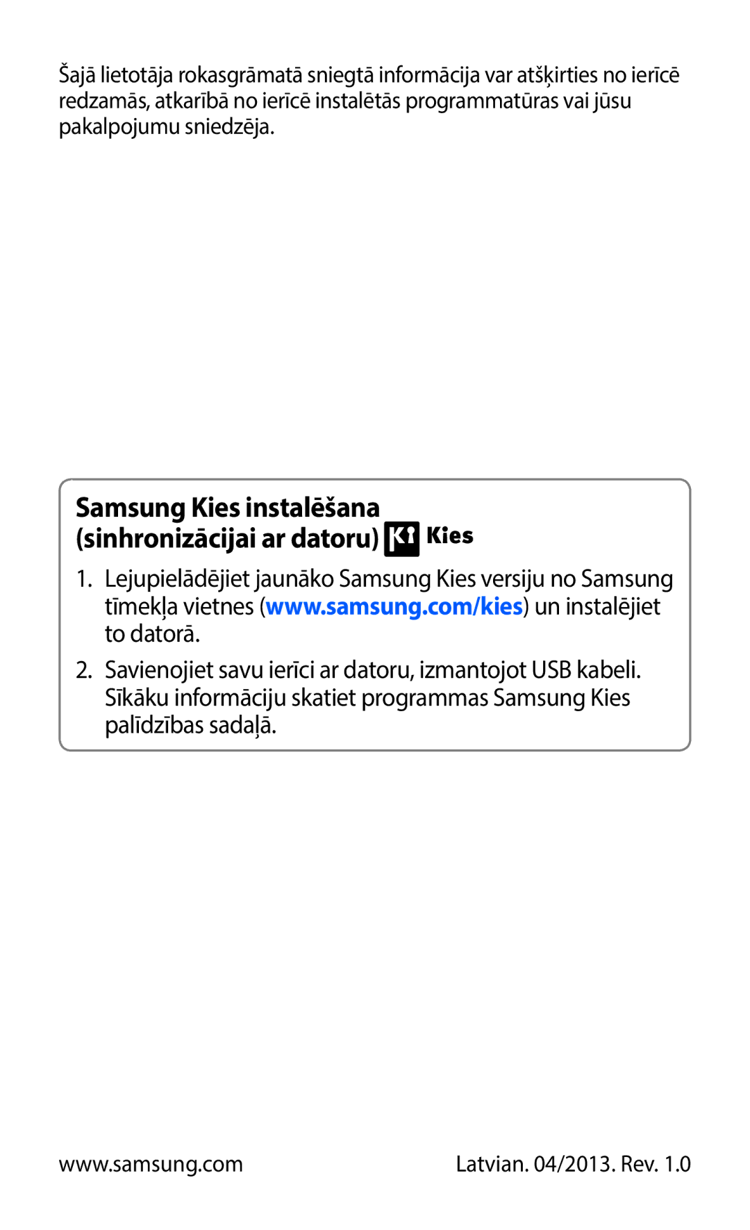 Samsung GT-B5330ZWASEB manual Samsung Kies instalēšana sinhronizācijai ar datoru 