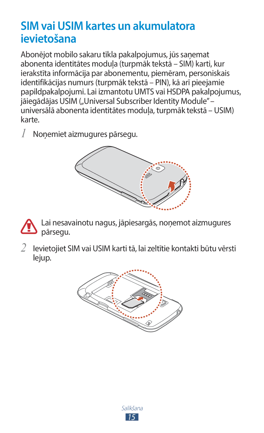 Samsung GT-B5330ZWASEB manual SIM vai Usim kartes un akumulatora ievietošana 